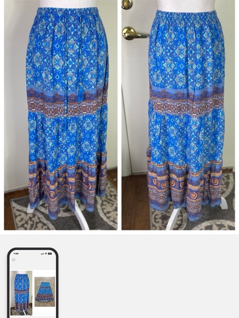 Blue Patterned Tiered Maxi Skirt - Elastic Waist